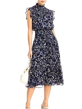 Aqua Floral High-Neck Sleeveless Midi Dress in Navy and White